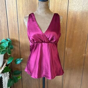 Vintage Old Navy 100% Silk Camisole Top Burgundy V-Neck Empire Waist Babydoll